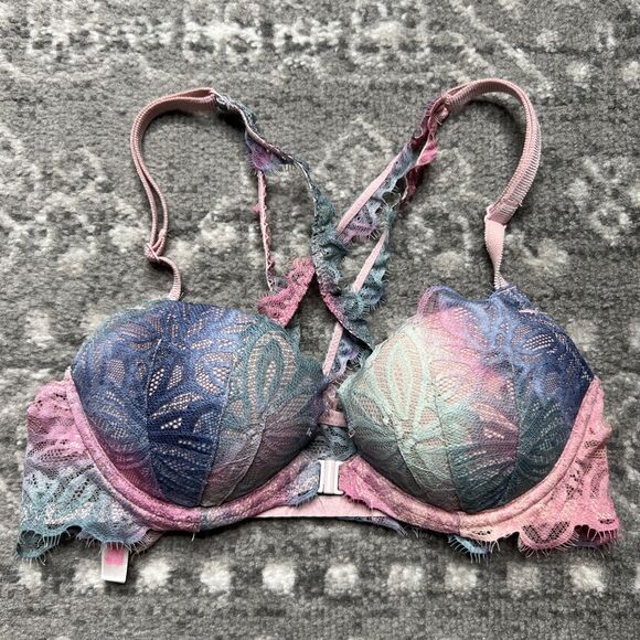 Victorias Secret PINK Front Close Date Racerback Bra Pastel Ombré 32B Lace - Picture 1 of 5